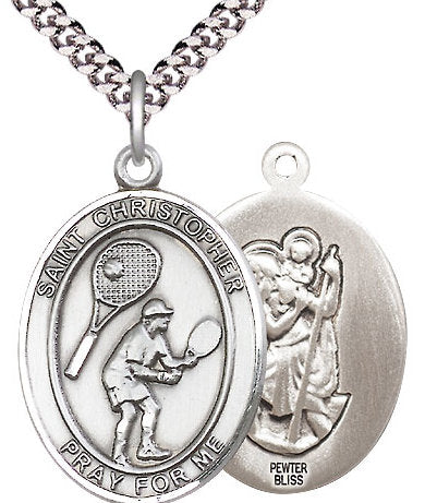 Tennis / St. Christopher Medal in Fine Pewter, 1", Your Choice of Chain # 17521