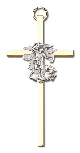 4" St. Michael Cross, Silver-Tone Figure on Polished Brass Cross, # 1759