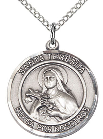Santa Teresita Spanish Medal in Fine Pewter, 3/4" round, Your Choice of Chain # 17629