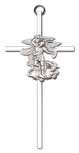 6" St. Michael Cross, Silver-Tone Figure on Nickel Plated Cross, # 1766