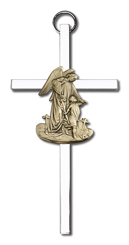 4" Guardian Angel Cross, Gold-Tone Figure on Nickel Plated Cross, # 1768