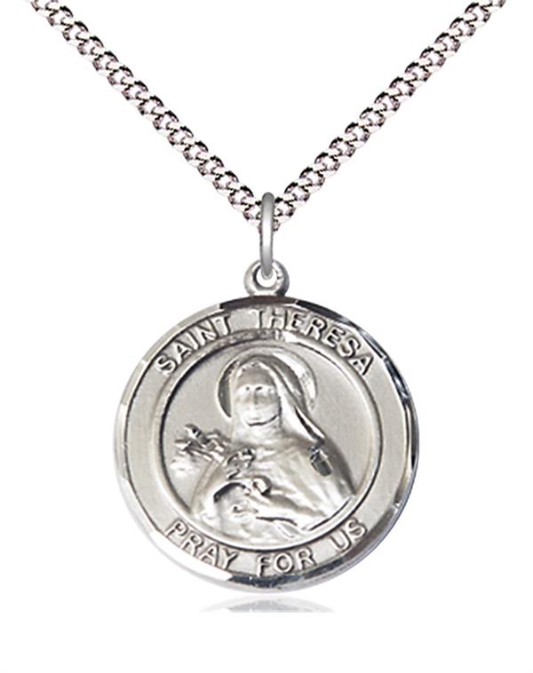 St. Theresa Medal in Fine Pewter, 3/4" round, Your Choice of Chain # 17715