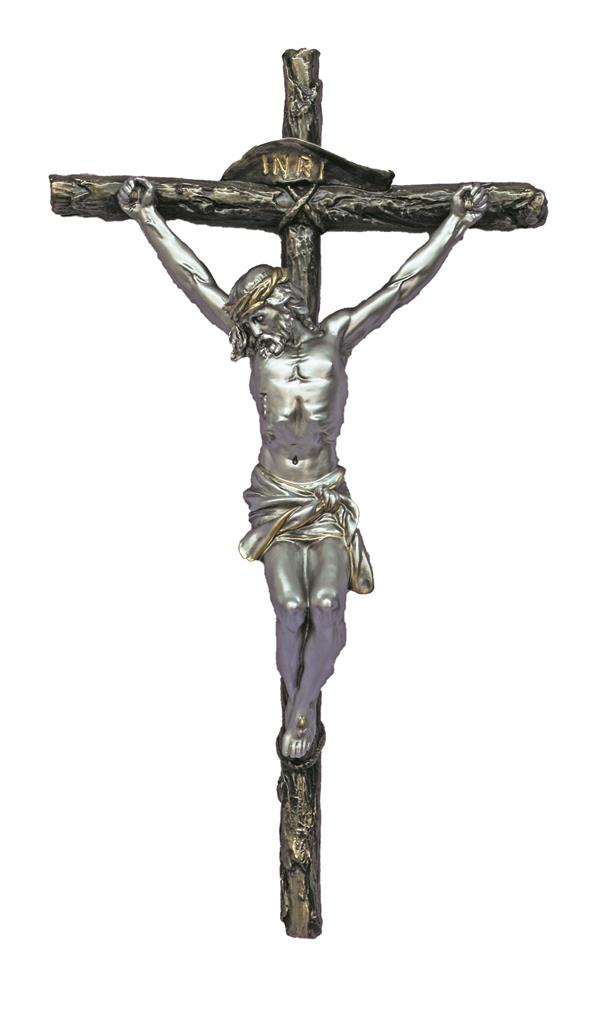 16" Crucifix, Pewter Finish Resin Figure on Cold Cast Bronze Cross, # 17745