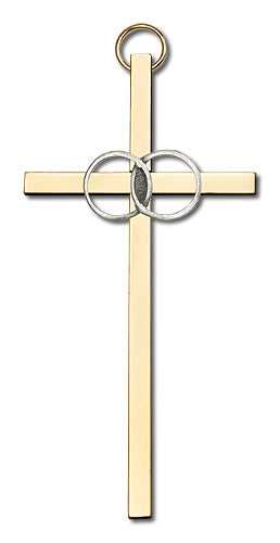 4" Wedding Cross, Silver-Tone Rings on Polished Brass Cross, # 1775