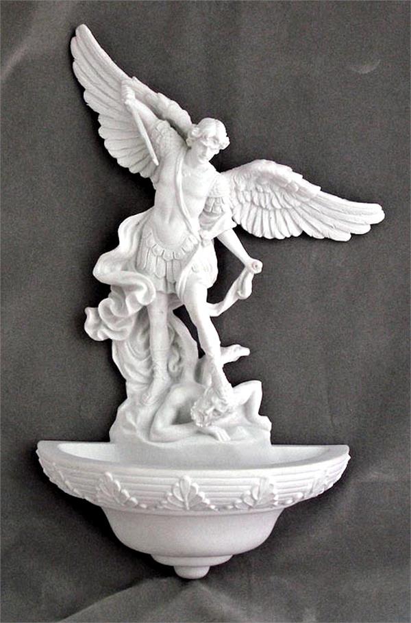9" Saint Michael Holy Water Font White Veronese Resin, # 17756