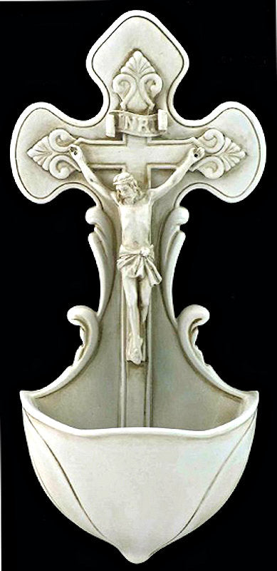 7.5" Crucifix Holy Water Font, Antiqued Veronese Resin # 17759