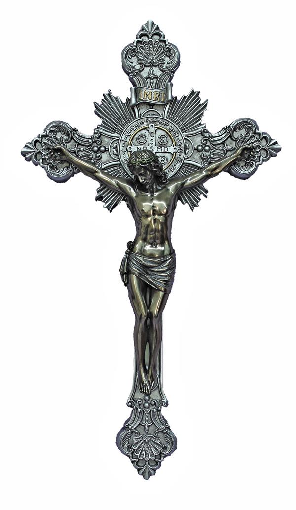 14" Ornate St. Benedict Crucifix, Bronze Resin Figure on Pewter Finish Cross, # 17773