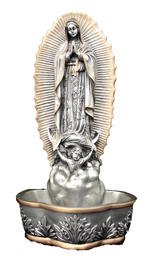 7.5" Our Lady of Guadalupe Holy Water Font, Pewter Finish Resin, # 17774
