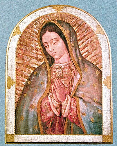 Our Lady of Guadalupe Florentine Plaque, Bell Shaped, white and gold border, 23" x 31". Made in Italy., 17778