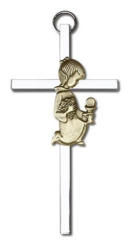 4" First Communion Girl Cross, Gold-Tone Figure on Nickel Plated Cross # 1786