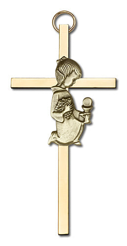 4" First Communion Girl Cross, Gold-Tone Figure on Polished Brass Cross # 1787