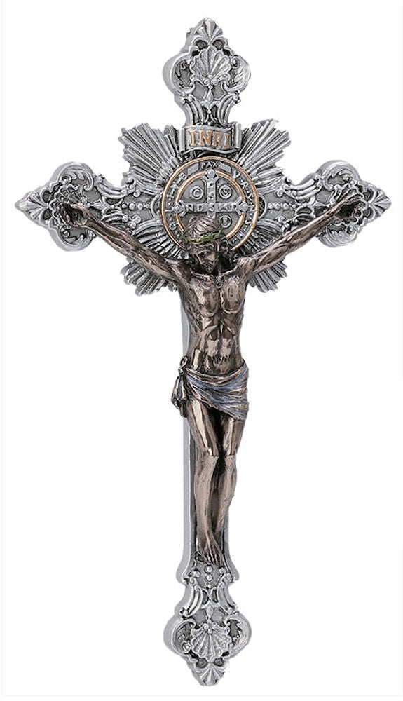 7-3/4" St. Benedict Crucifix, Bronze Finish Resin w/ Pewter Finish Cross, # 17892