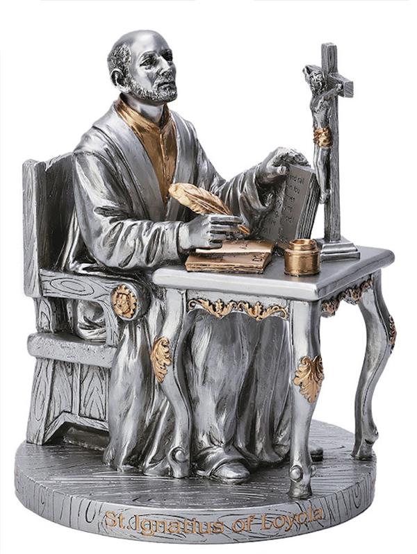 6.5" St. Ignatius of Loyola Statue, Pewter Finish Resin Gold Highlights, # 17893