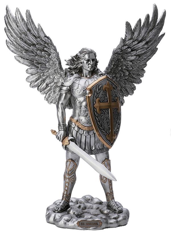 13.5" St. Michael Statue, Pewter Finish Resin, Gold Highlights, # 17894