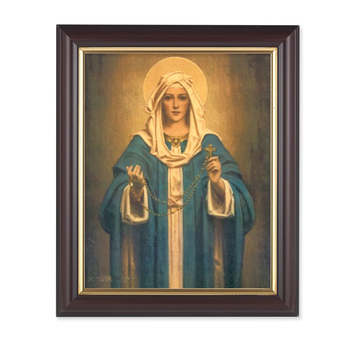 Our Lady of The Rosary Picture, 10"x12", Classic Fluted Walnut Finished Frame, Italian Print Under Glass # 26376