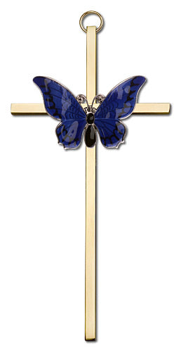 6" Resurrection Blue Butterfly Cross, Silver-Tone on Gold Plated Cross, # 1801