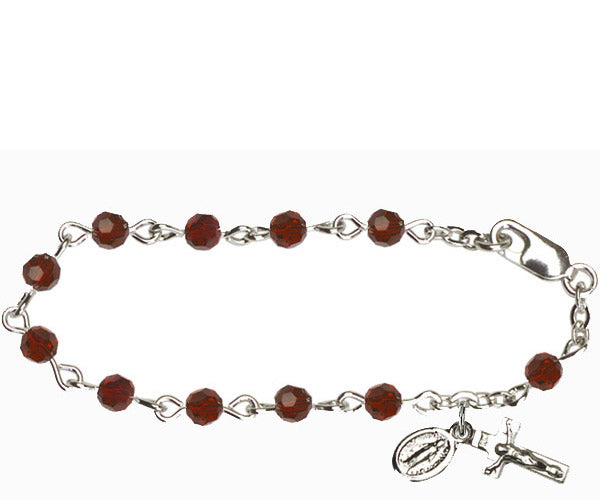 Infant Rosary Bracelet, Silver Finish, 4mm Garnet Swarovski Beads, 5.5" Long, # 1831