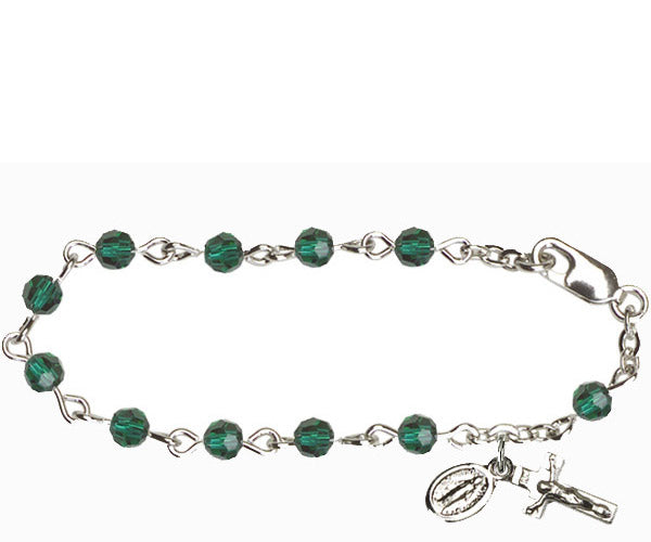 Infant Rosary Bracelet, Silver Finish, 4mm Emerald Swarovski Beads, 5.5" Long, # 1837