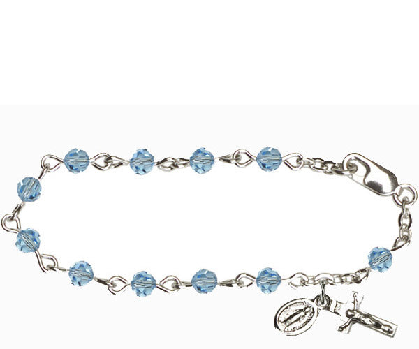 Infant Rosary Bracelet, Silver Finish, 4mm Aqua Swarovski Beads, 5.5" Long, # 1839