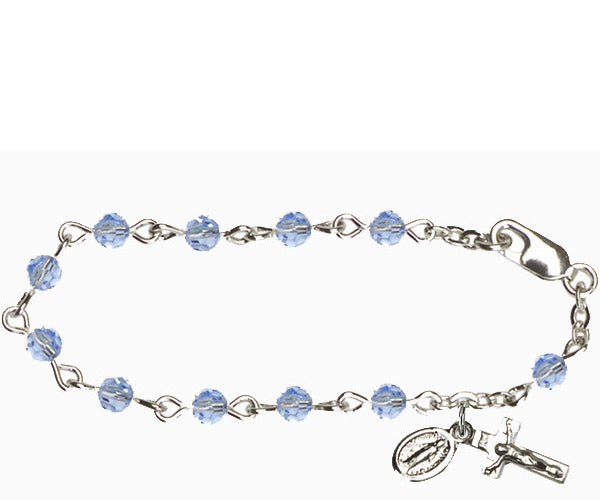Infant Rosary Bracelet, Silver Finish, 4mm Light Sapphire Swarovski Beads, 5.5" Long, # 1840