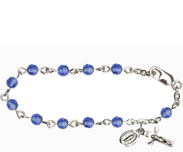 Infant Rosary Bracelet, Silver Finish, 4mm Sapphire Swarovski Beads, 5.5" Long, # 1841