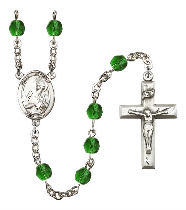 St. Andrew Rosary, 6mm Fire Polished Emerald Beads, Silver Plate, # 1846