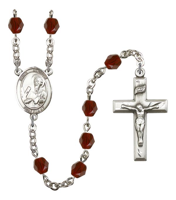 St. Andrew Rosary, 6mm Fire Polished Garnet Beads, Silver Plate, # 1847
