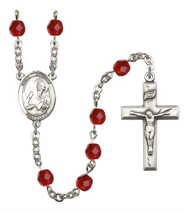 St. Andrew Rosary, 6mm Fire Polished Ruby Beads, Silver Plate, # 1851