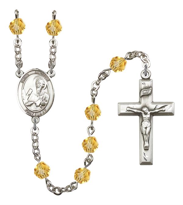 St. Andrew Rosary, 6mm Fire Polished Topaz Beads, Silver Plate, # 1853