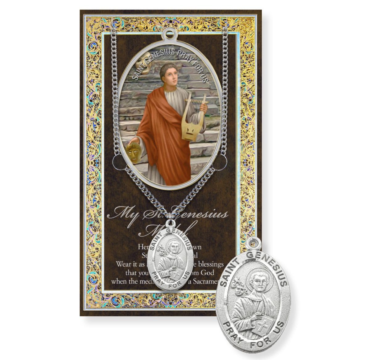 St. Genesius Biography and Folding Picture Card with a Medal & Chain # 93129