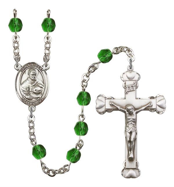 St. Albert the Great Rosary, 6mm Fire Polished Emerald Beads, Silver Plate, # 1901