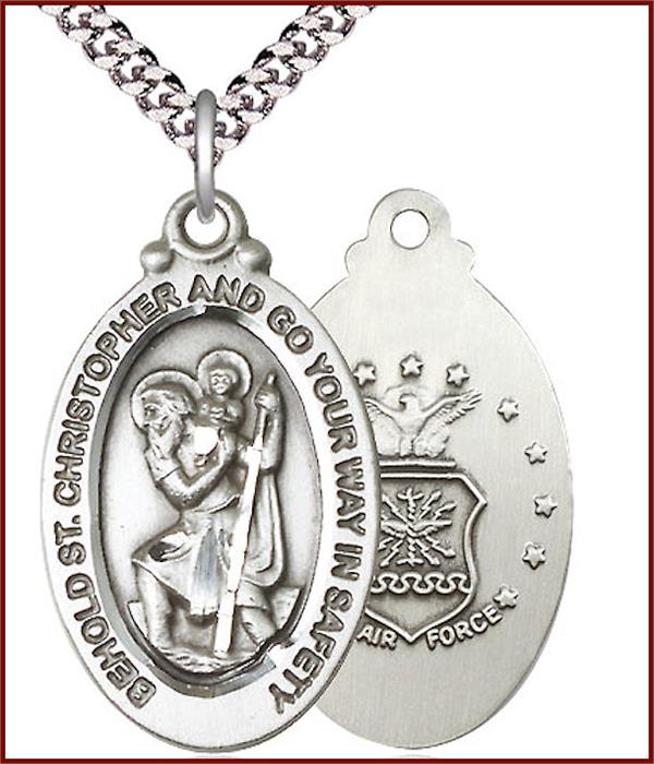 Pewter St. Christopher / Air Force Medal, 1-1/8"tall, Your Choice of Chain, # 1919