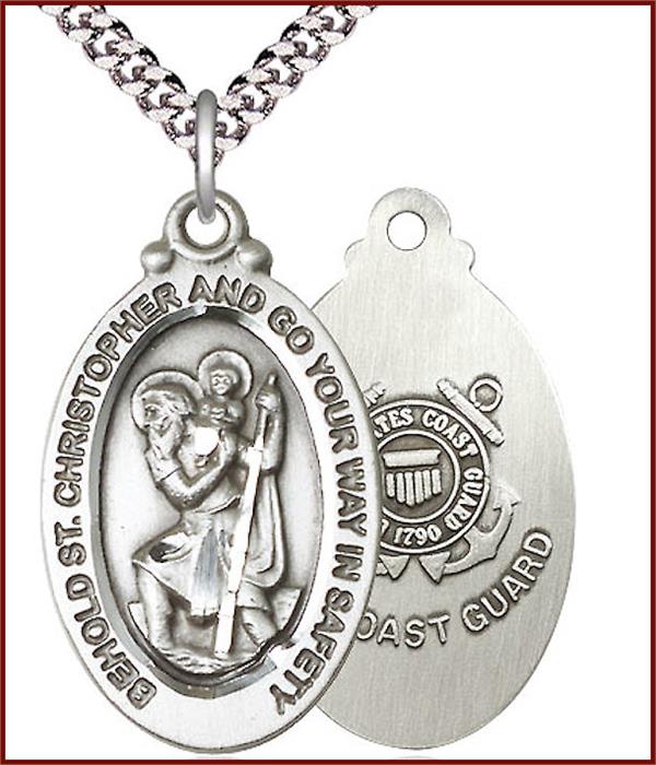 Pewter St. Christopher / Coast Guard Medal, 1-1/8"tall, Your Choice of Chain, # 1923