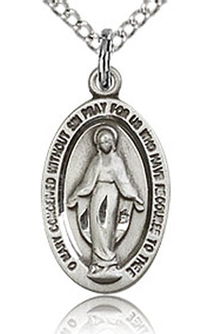 5/8" Oval Miraculous Medal, Sterling, Your Choice of Chain # 1929