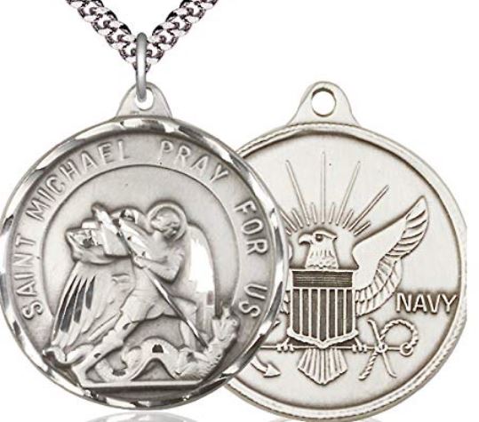 Pewter St. Michael / Navy Medal, 1-1/4" dia., Your Choice of Chain, # 1958