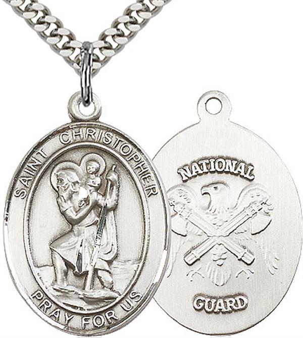 Pewter St. Christopher / National Guard Medal, 3/4" tall, Your Choice of Chain, # 1985