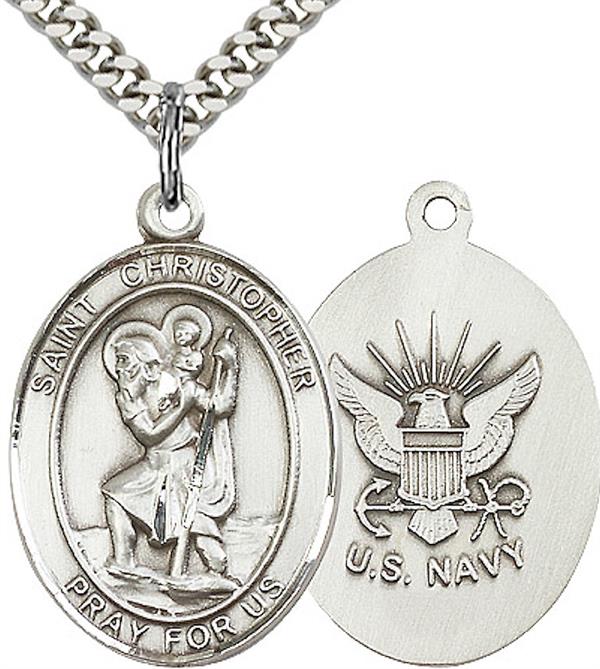 Pewter St. Christopher / Navy Medal, 3/4" tall, Your Choice of Chain, # 1986