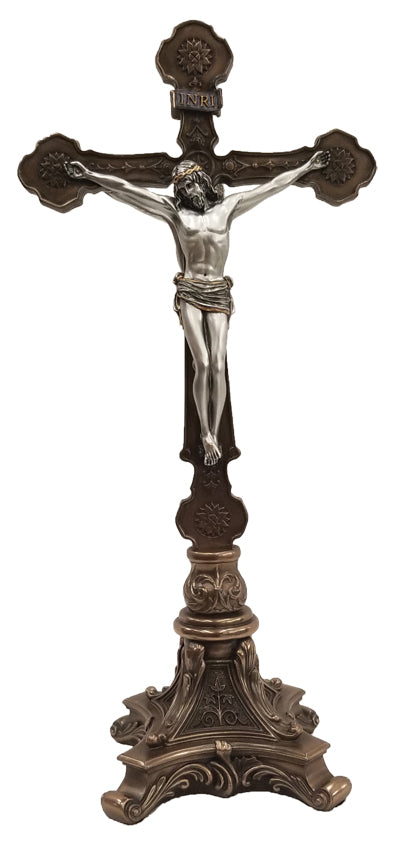 12.5" Double Sided Standing Crucifix, Bronze & Pewter Finishes, # 1992|