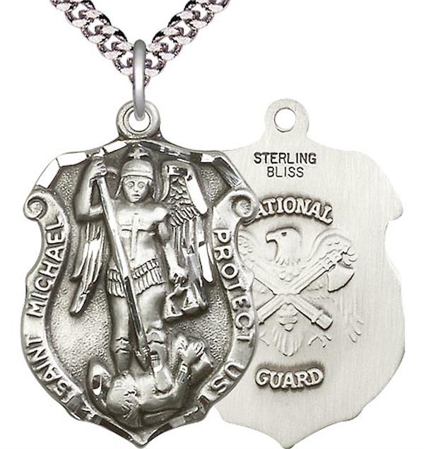 St. Michael Shield / National Guard Medal, Sterling Silver, 1-1/4" tall, Your Choice of Chain, # 1995