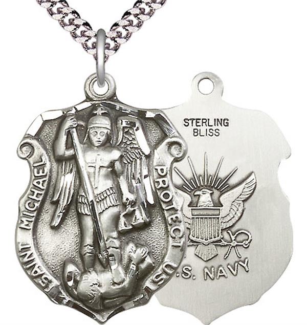 St. Michael Shield / Navy Medal, Sterling Silver, 1-1/4" tall, Your Choice of Chain, # 1996