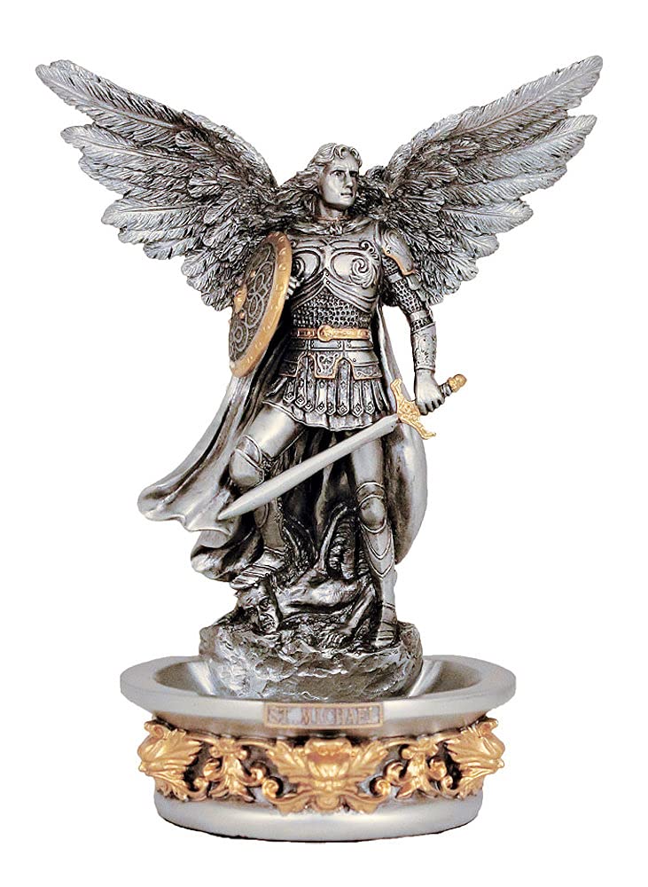 St. Michael The Archangel Holy Water Font, Stands or Hangs, Pewter Finish Resin, 7", # 21177