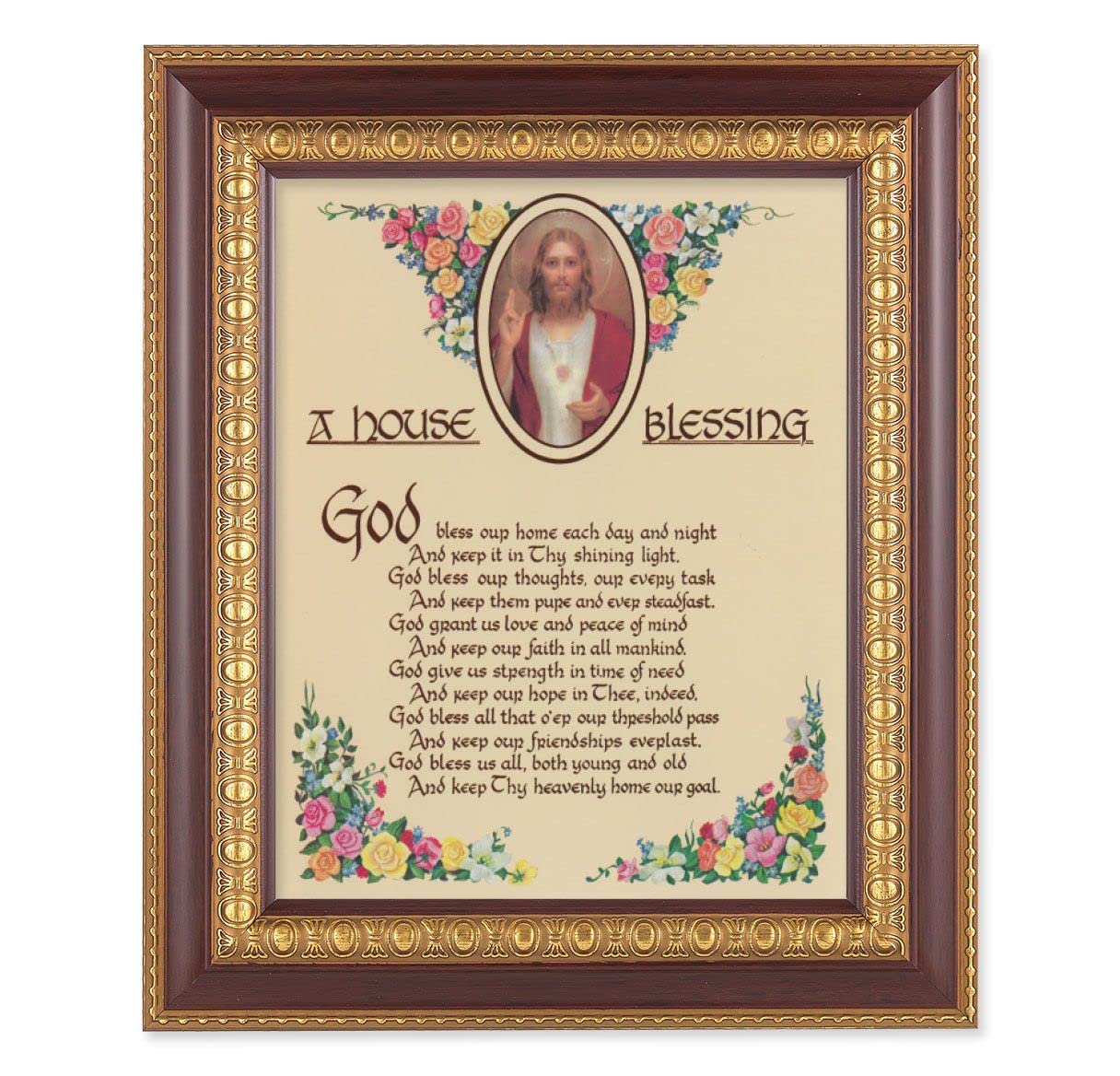 A House Blessing Picture, 11-1/2"x13-1/2, Cherry Finish with Gold Egg & Dart Frame, Italian Print Under Glass # 26140