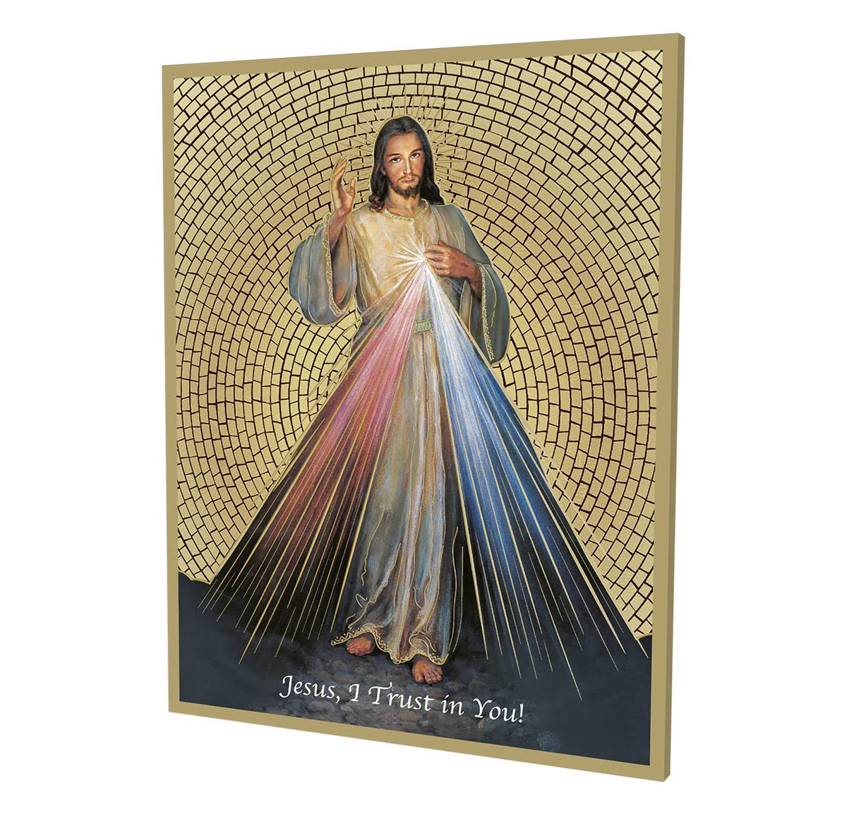 Divine Mercy Gold Foil Mosaic Wood Plaque, 8"x10", Made in Italy # 1174