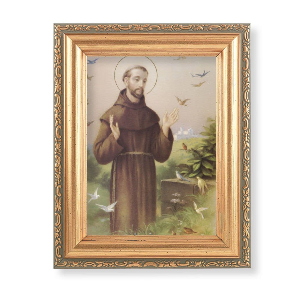 St. Francis of Assisi Picture, Antique Gold 5-1/2"x7 Frame with Acanthus-Leaf Edging Under Glass # 28184