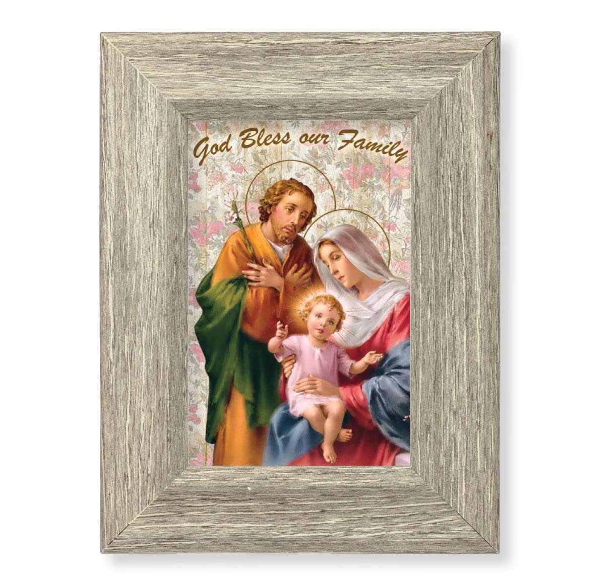 Holy Family Blessing Printed on Wood, 6-1/2"x8-1/2 Weathered Gray Frame, Italian # 28030