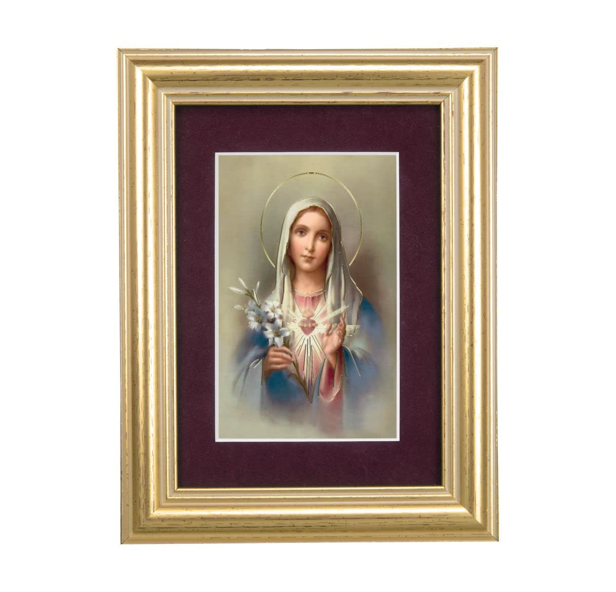 Immaculate Heart of Mary Picture, 5"x6.5" Antique Gold Fluted Frame, Behind Maroon Velvet Matting # 28293