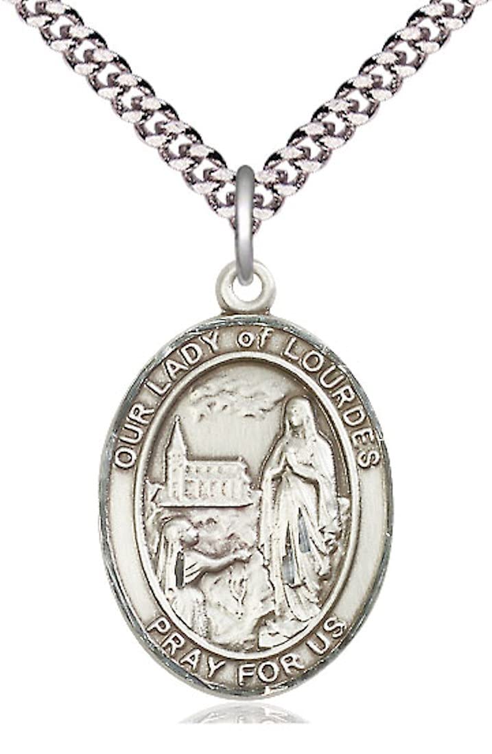 Our Lady of Lourdes Medal in Fine Pewter, 3/4" tall, Your Choice of Chain, # 5643