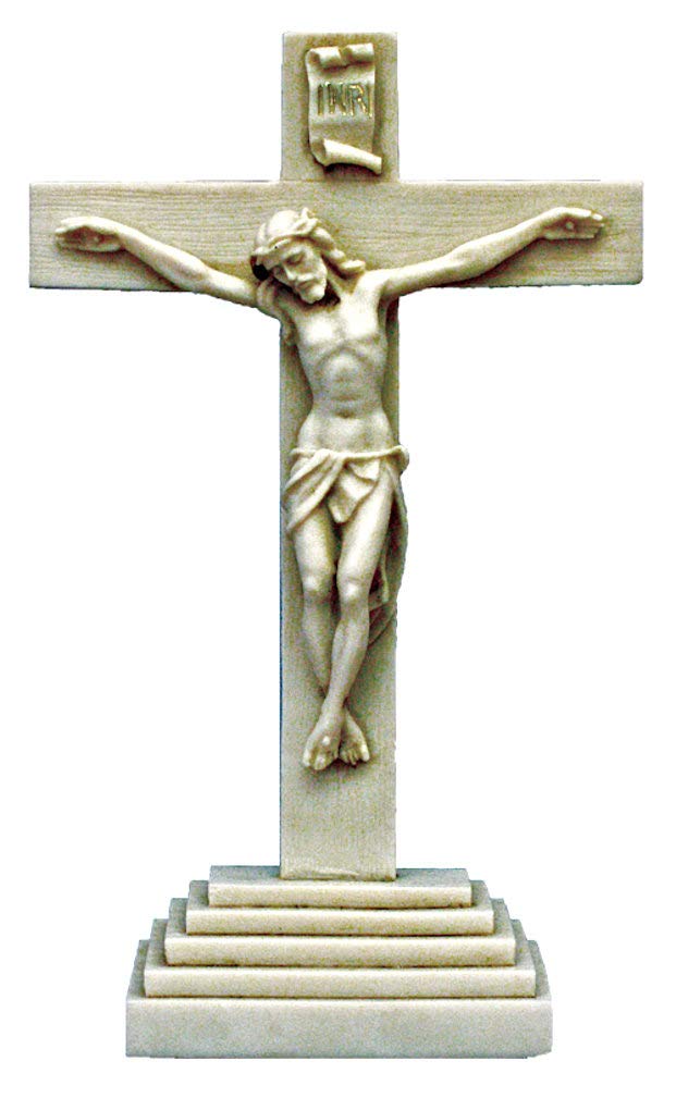Standing Crucifix in lightly antiqued alabaster, 10.5". Made in Italy., 97516