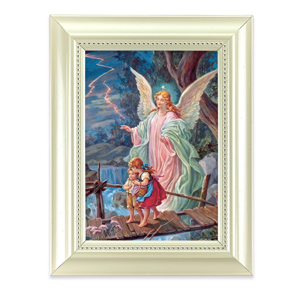 Guardian Angel Picture, Pearlized White 5-1/2"x7 Frame, Beaded Lip, Under Glass # 28079