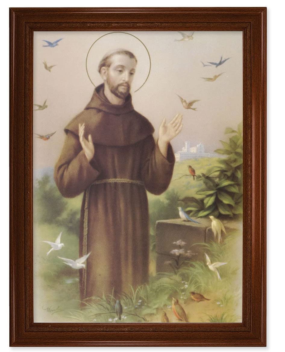 St. Francis of Assisi Picture, 24"x31" Walnut Finish Frame with Fluted Detail , Italian Print # 22108